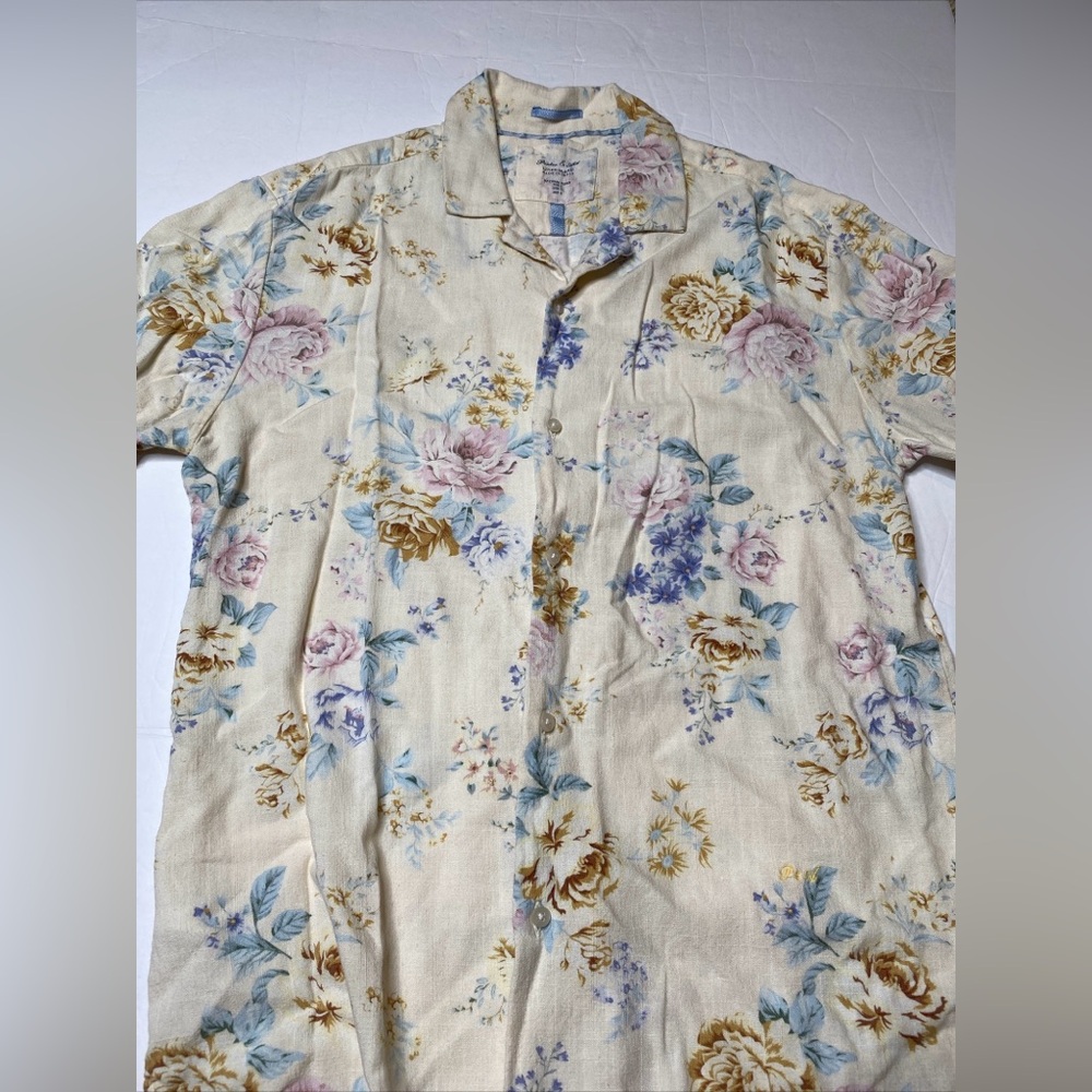 Porter & Ash Shirt Mens Small S Beige Pink Blue Floral Linen Blend Hawaiian (O)